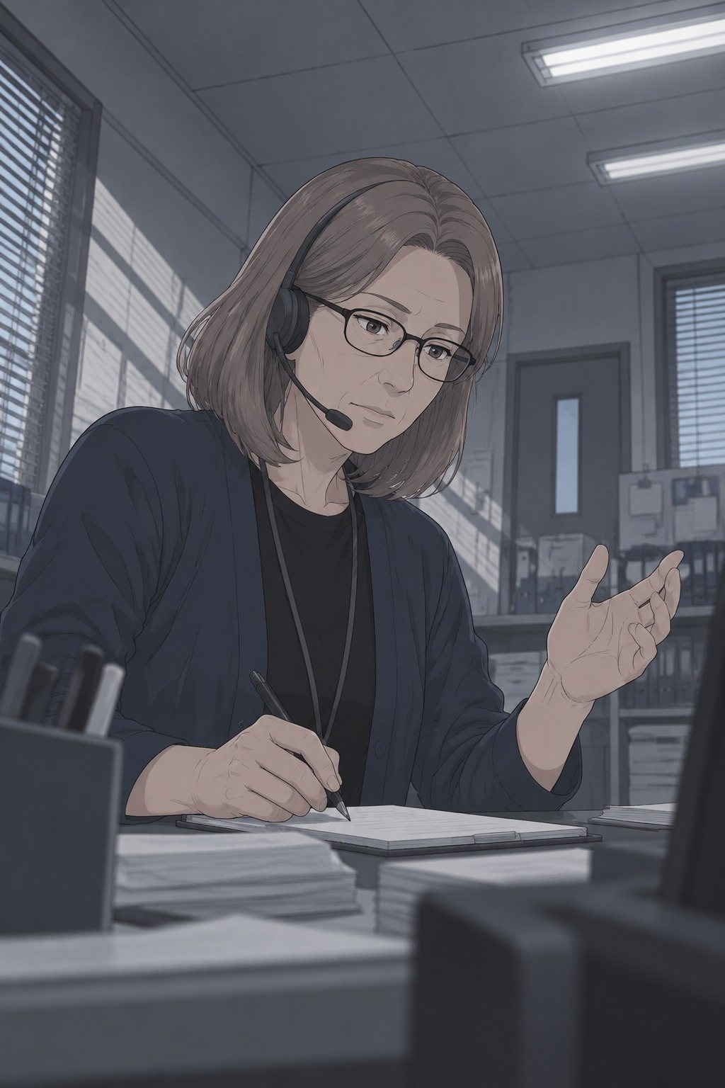 相談室の机。ヘッドセットの眼鏡の女性を少し下から。電話で話しながら片手を上げ、もう片手でメモを取る。