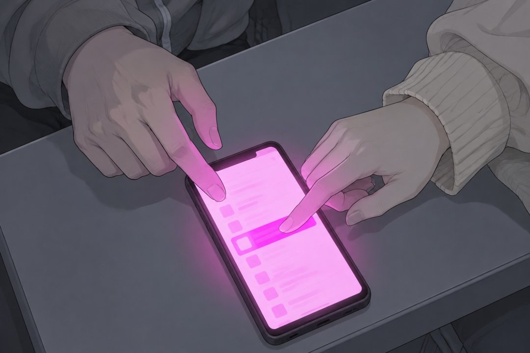 机の上の寄り。女子学生の指が、設定の画面のアプリの一覧(字は読めない)の1つを長押しする。横から青年の指がそっと画面を指す。