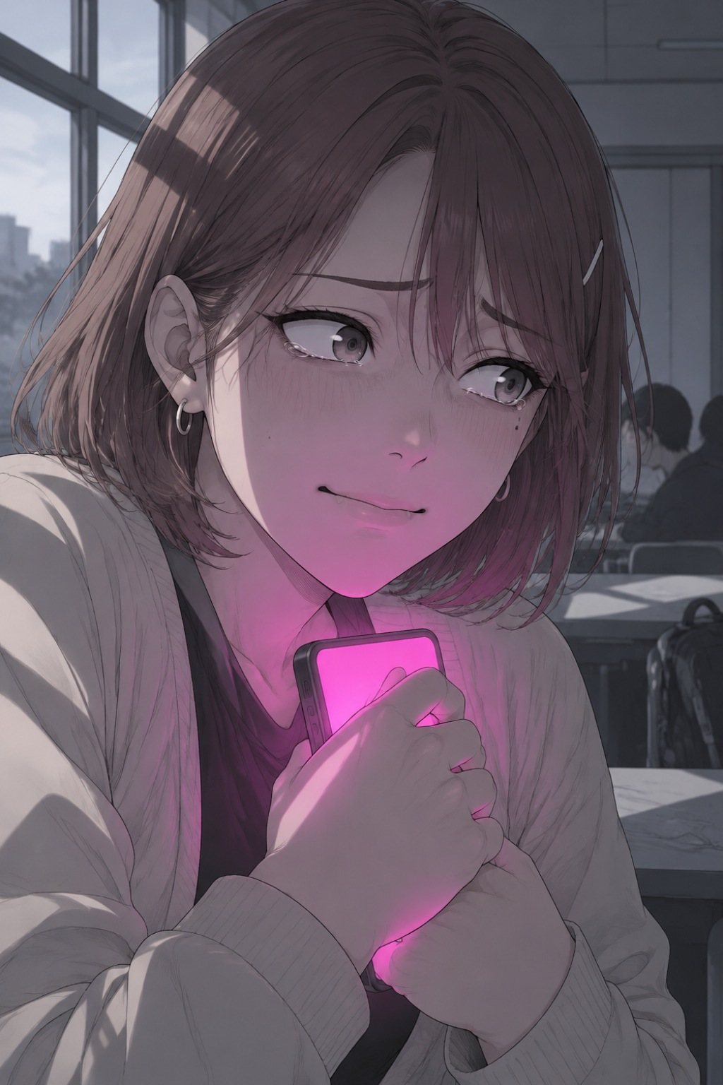 女子学生の顔の寄り。目に涙をためたまま、くちびるをかんで笑おうとする。手でスマホを胸に抱える。