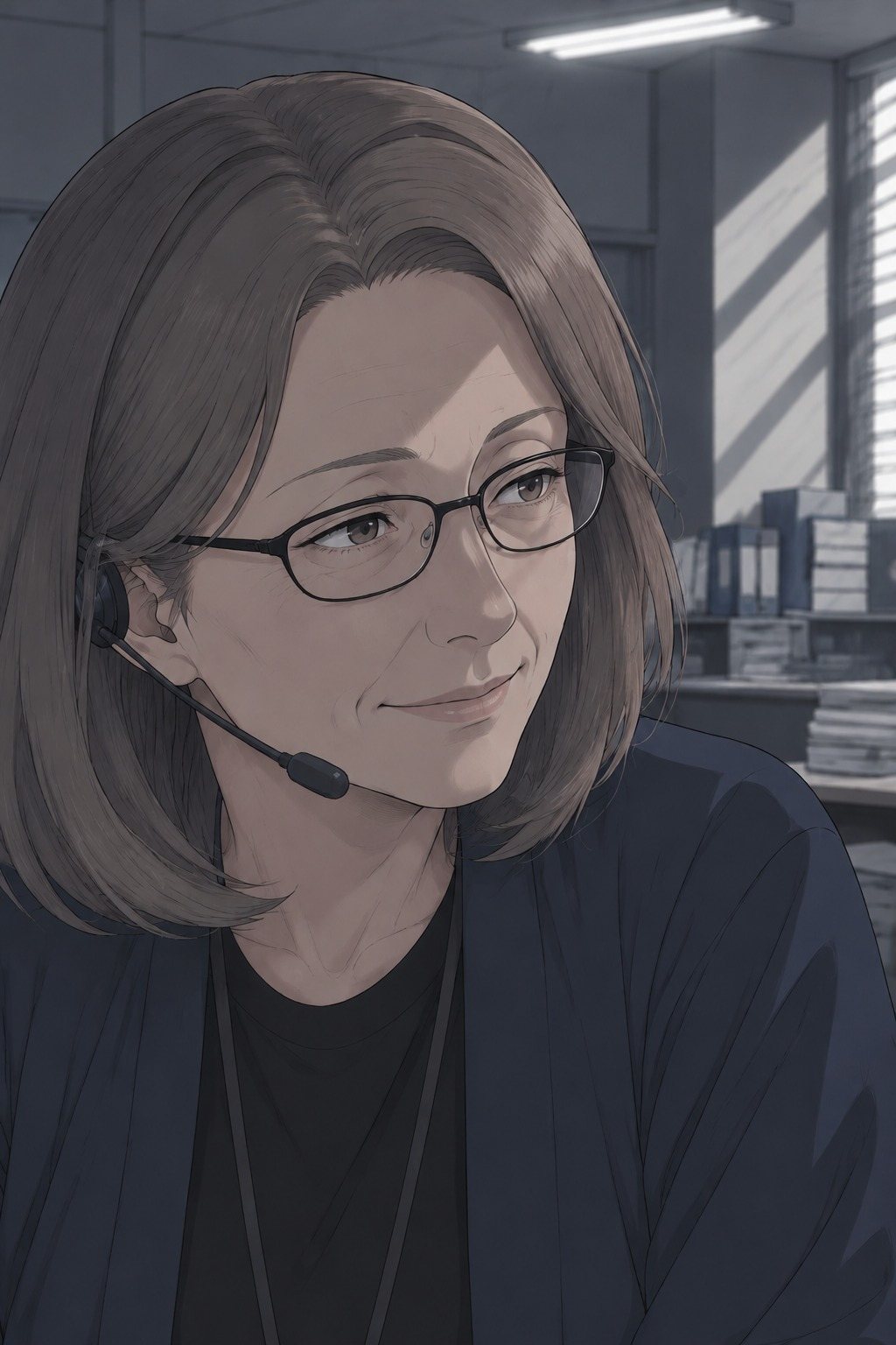 ヘッドセットの眼鏡の女性の顔の寄り。電話で話しながら、やわらかく笑う。