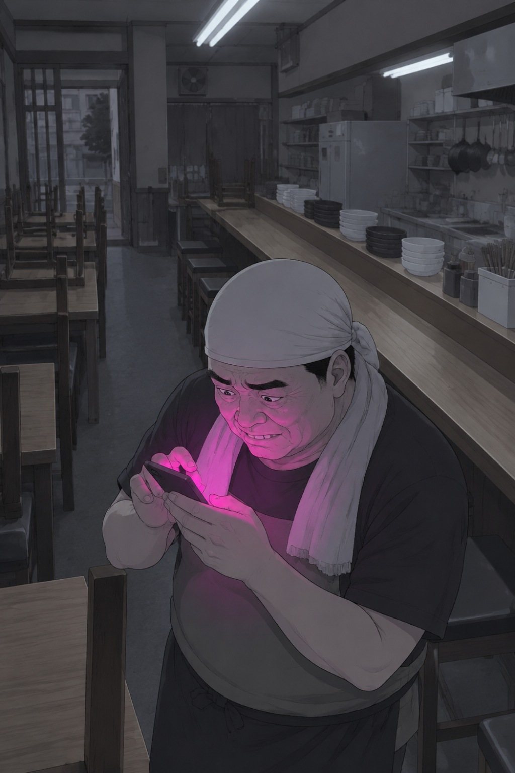 少し上から店長。スマホに顔を近づける。