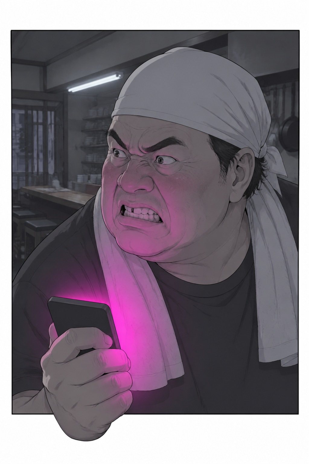 店長の顔の寄り。眉を吊り上げて青年をにらみ、スマホを握る手に力が入る。顔が赤い。