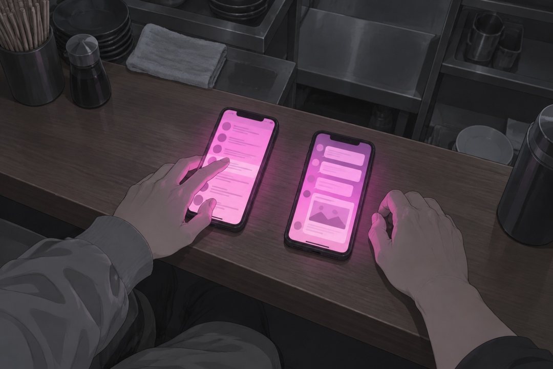 カウンターの上の寄り。2台のスマホを並べ、片方に金融庁の一覧のページ（字は読めない線）、もう片方にグループの画面。青年の指が一覧を下へ送る。