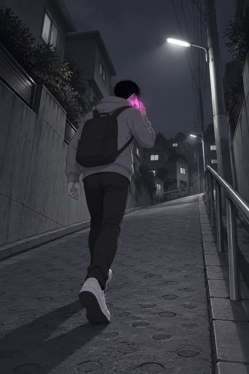 夜の住宅街の坂道。街灯の下を、スマホを耳に当てて歩く青年の背中。