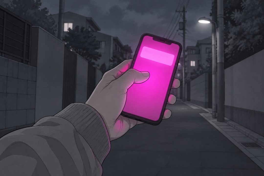 青年の手の寄り。耳から離したスマホの画面がマゼンタに光り、上にグループの通知の帯の形（字は読めない）。後ろに暗い道と街灯。