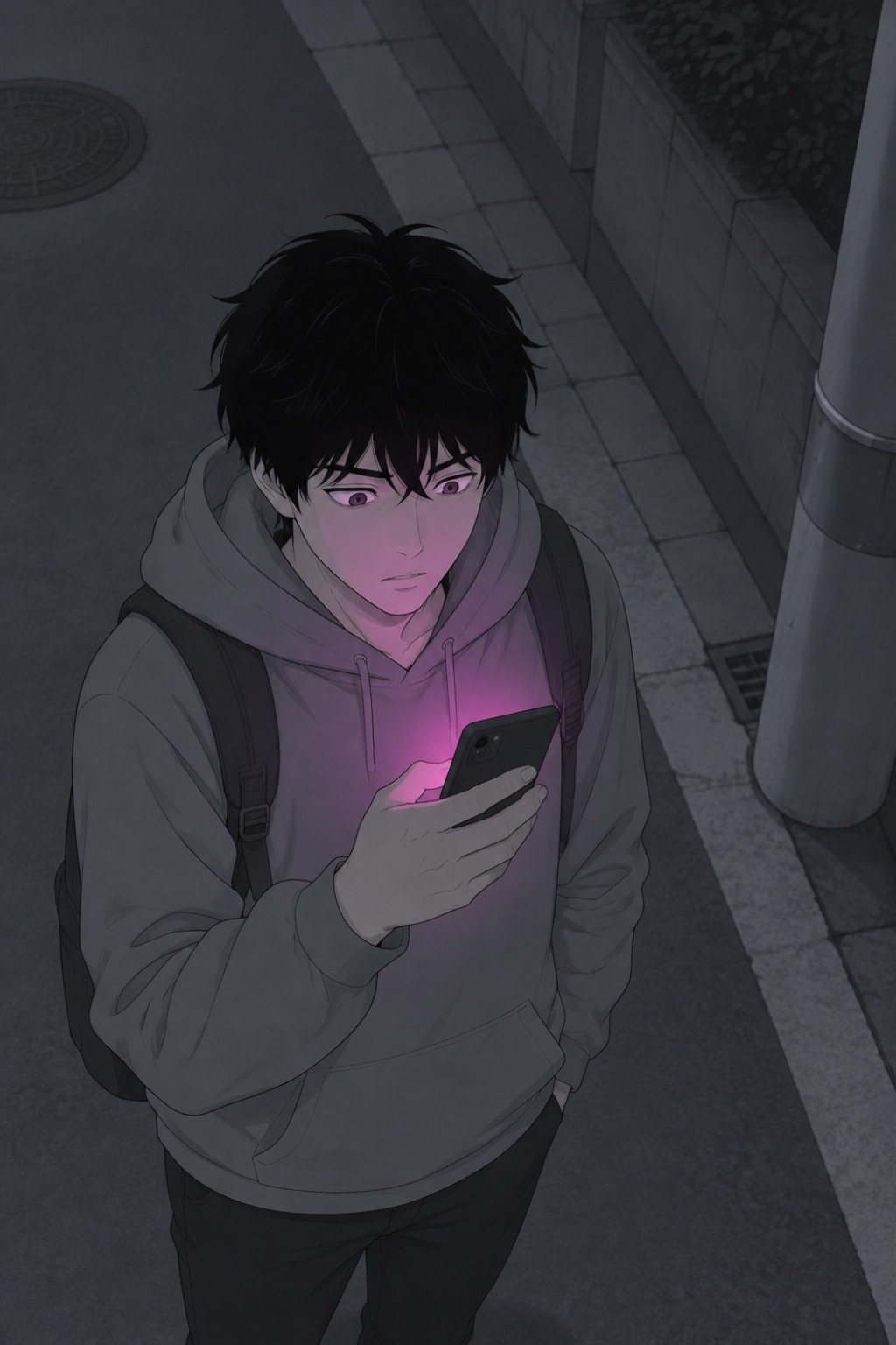 少し上から青年。夜道で立ち止まり、スマホの光が顔に当たる。