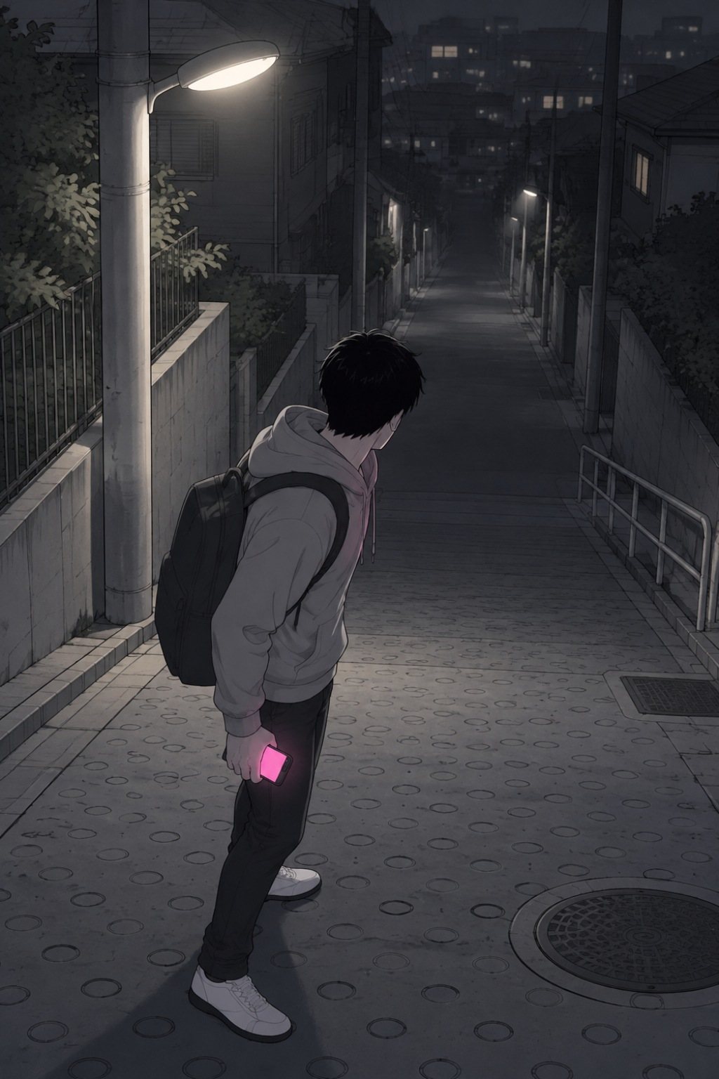 坂道の途中で立ち止まった青年が、頭だけ振り返って後ろの暗い道を見る。手のスマホが光る。街灯の外の暗がりには誰もいない。少し上から。