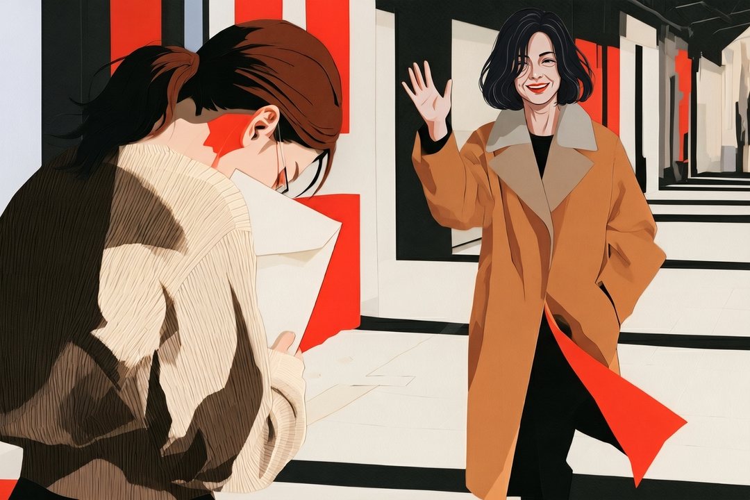 歩道で、明るい色のコートの40代の女性が手を振りながら駆け寄ってくる。左で、封筒を抱えた女性が会釈する。