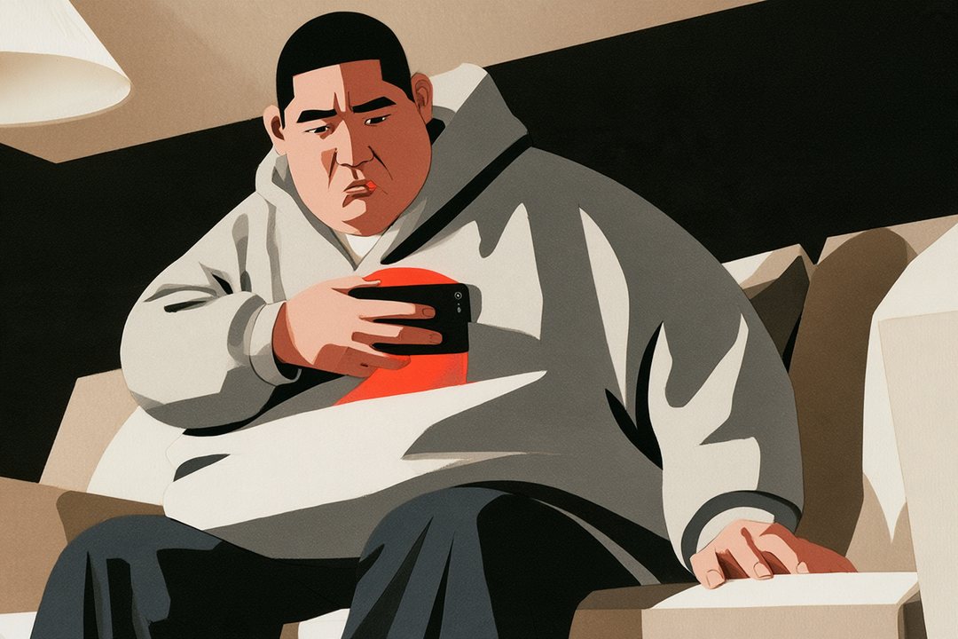 ソファの父親が、スマホを胸に伏せ、首をすくめて座り直している。