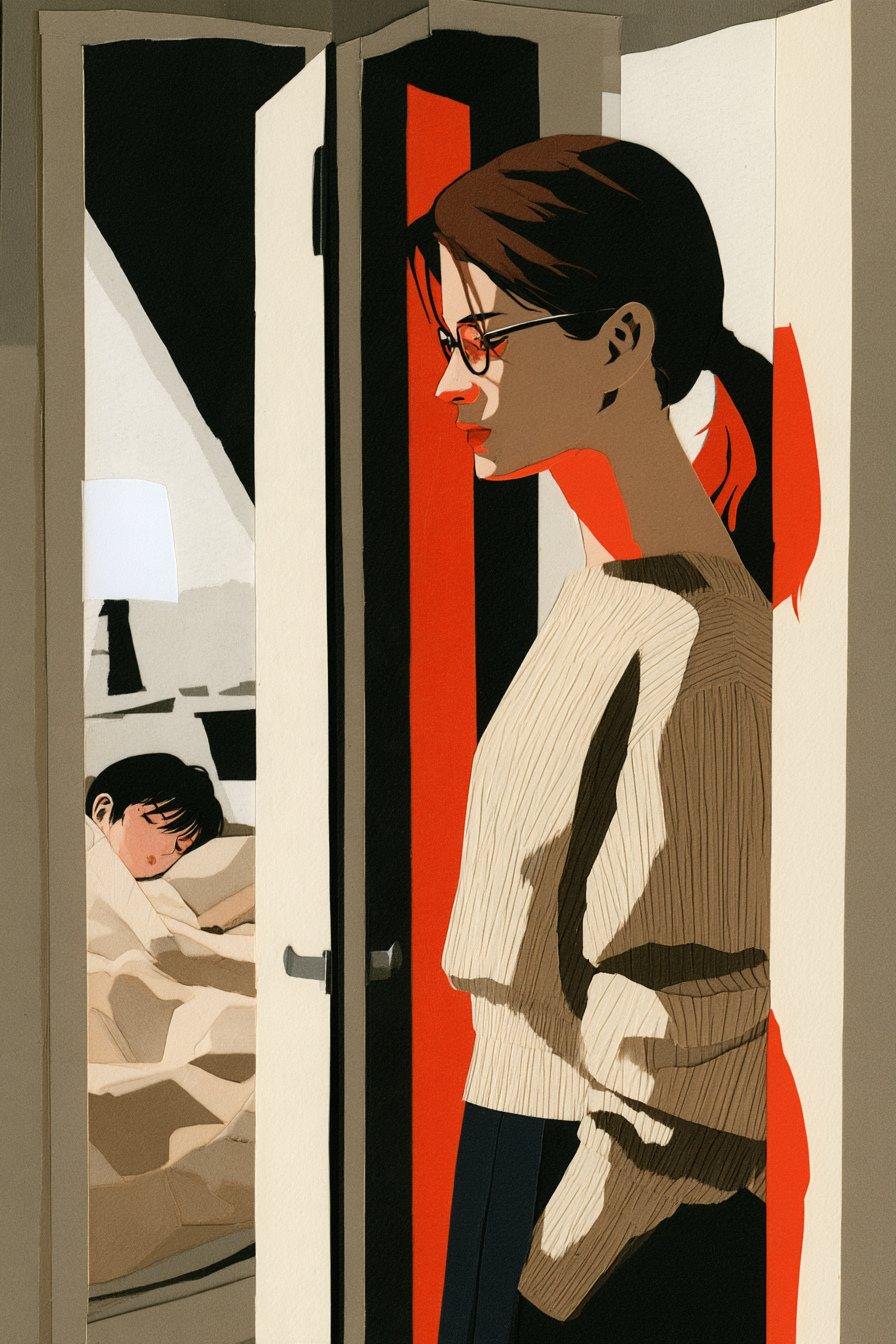 夜の廊下。子ども部屋のドアが少し開き、中で男の子がベッドで布団にくるまって眠っている。廊下の母親が、ドアの隙間からそれを見ている。