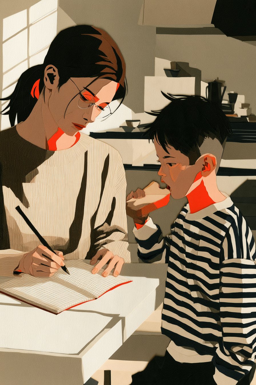 朝の食卓。右で男の子がトーストをかじりながら、左の母親のノートの数字(読めない)をのぞき込む。