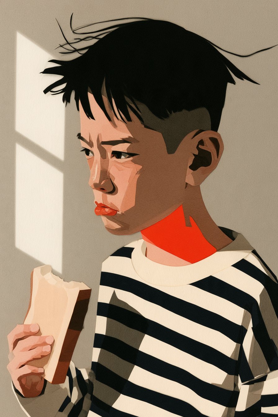 男の子の寄り。トーストを持ったまま止まり、目をそらす。