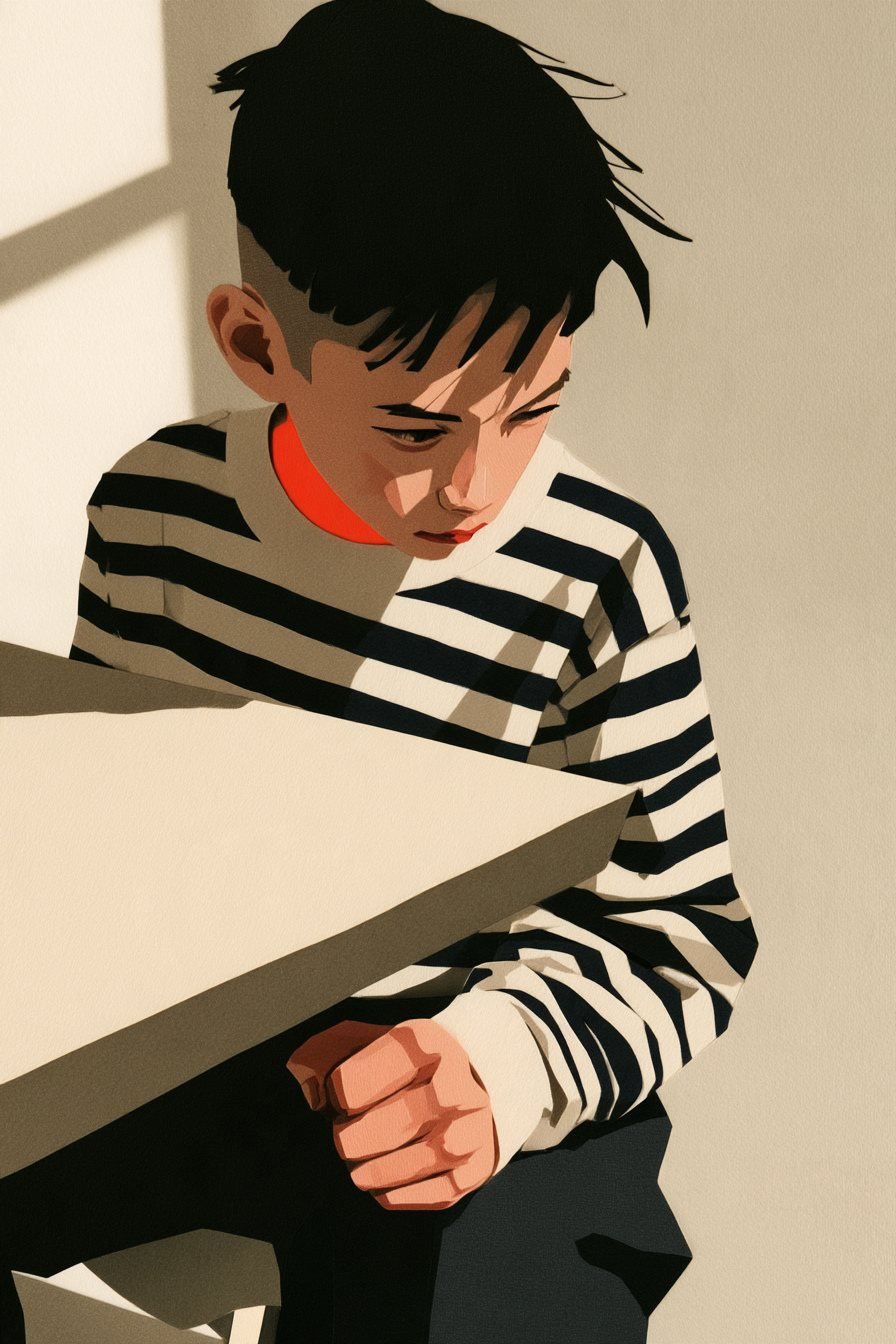 男の子の寄り。うつむいたまま、テーブルの下で拳を握っている。