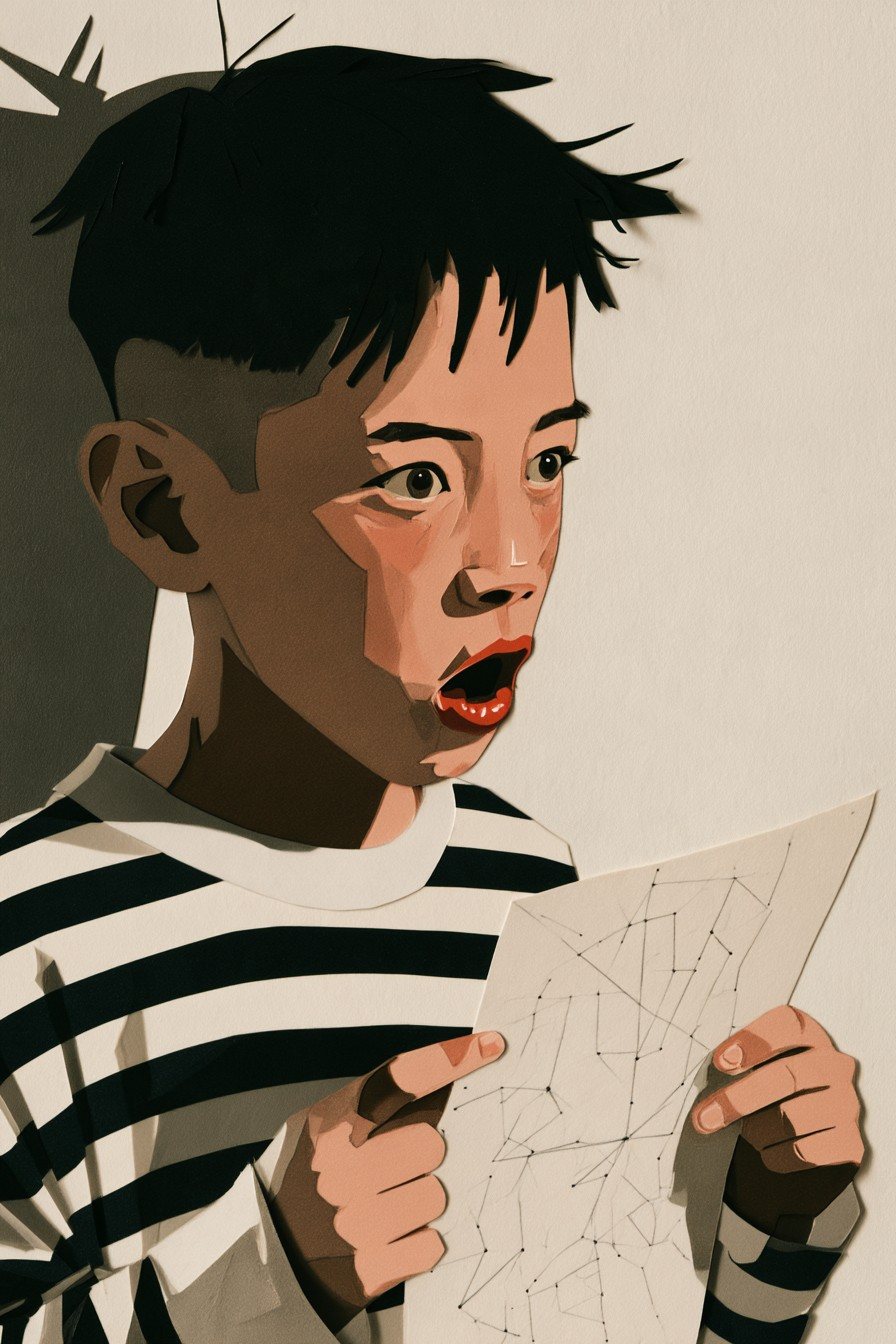 黒板の前で、星座の図を持ったまま固まる男の子の寄り。口が半分開いている。