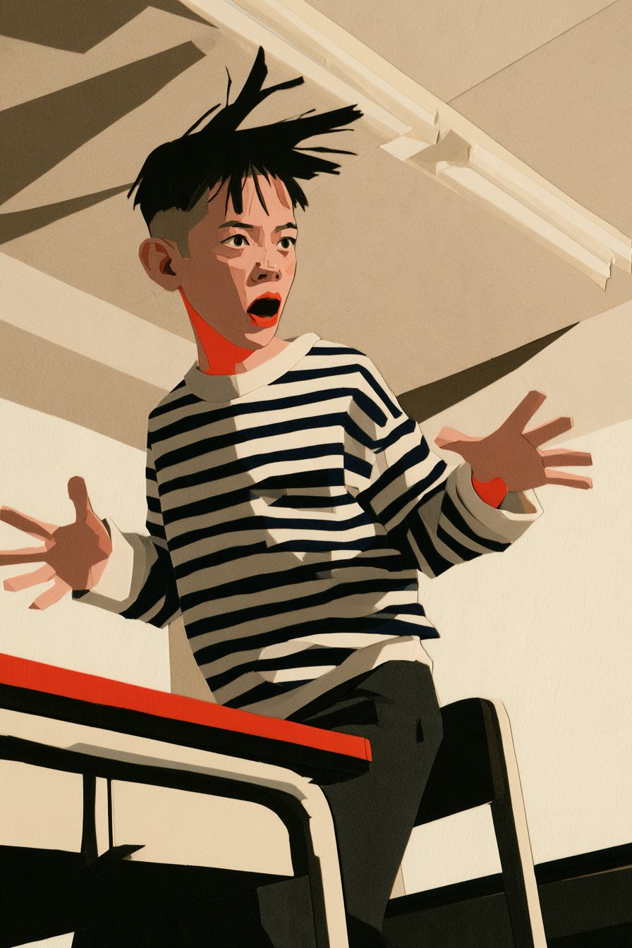 教室で、後ろの席の男の子が勢いよく立ち上がり、身ぶりをまじえて話し出す。下から見上げる角度。