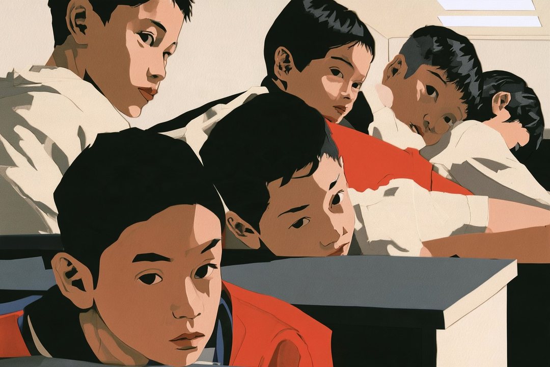 教室の子どもたちが、いちばん後ろの席の方へ振り向いて見ている。笑っている子はいない。