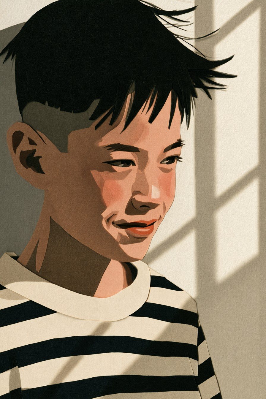 男の子の寄り。照れくさそうに、でもはっきり笑っている。窓からの午後の白い光。