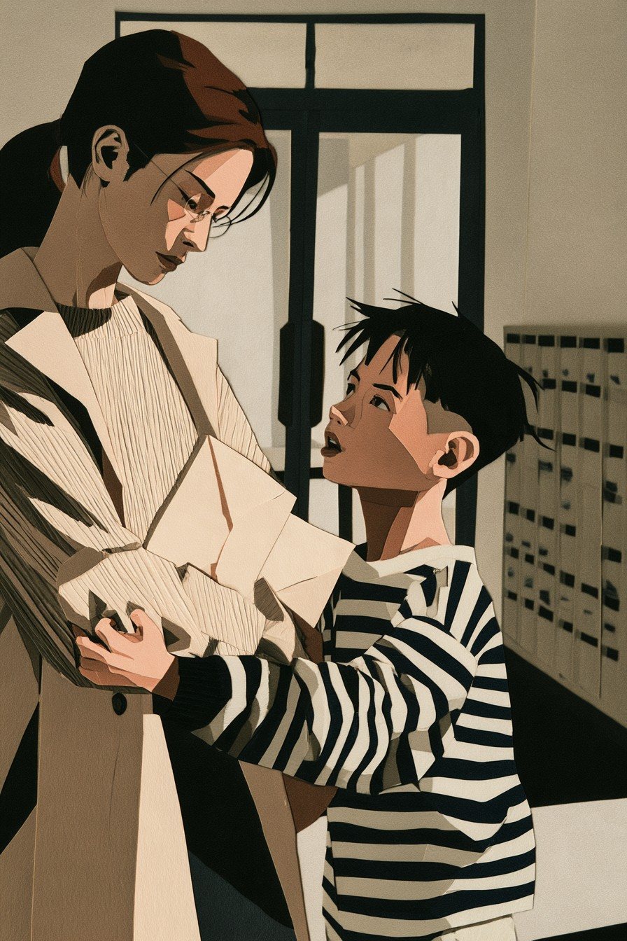 塾の玄関。男の子が、母親のコートの袖をつかんで見上げている。母親の手には、入塾の案内の封筒。