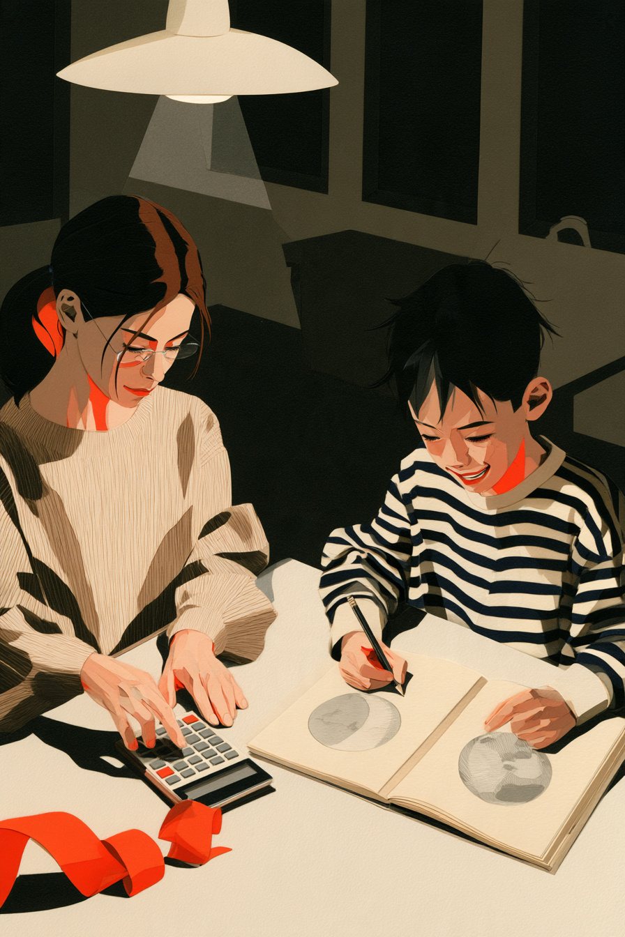 夜の食卓を上から見る。男の子が塾のテキストを広げ、月と地球の図を夢中で描いている。向かいで母親が電卓を打ち、ロール紙がテーブルの端まで伸びている。