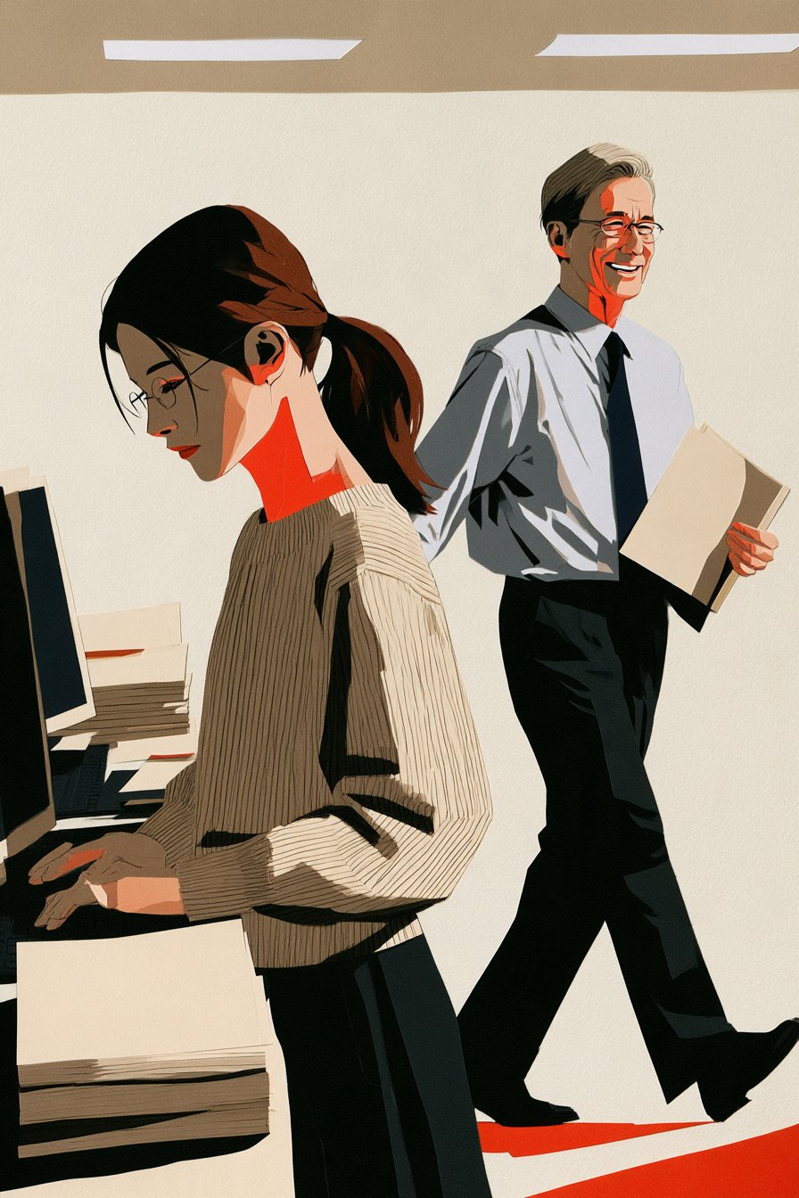 物流会社の事務所の経理の席。母親が伝票の束とパソコンに向かって働いている。後ろから、50代の男性が書類を持って近づいてくる。