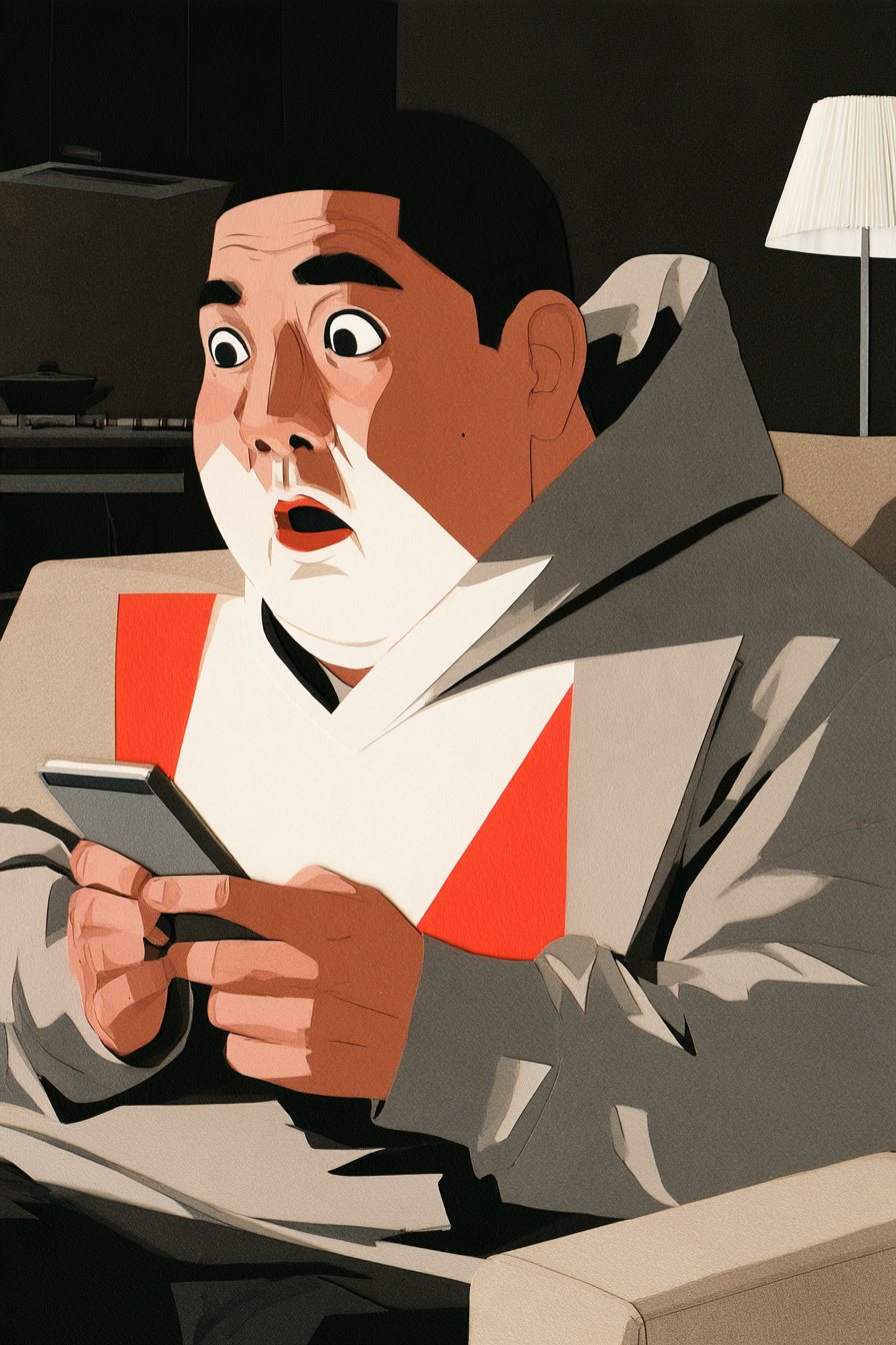 ソファの父親が、スマホを持ったまま目を見開いてこちらを向く寄り。