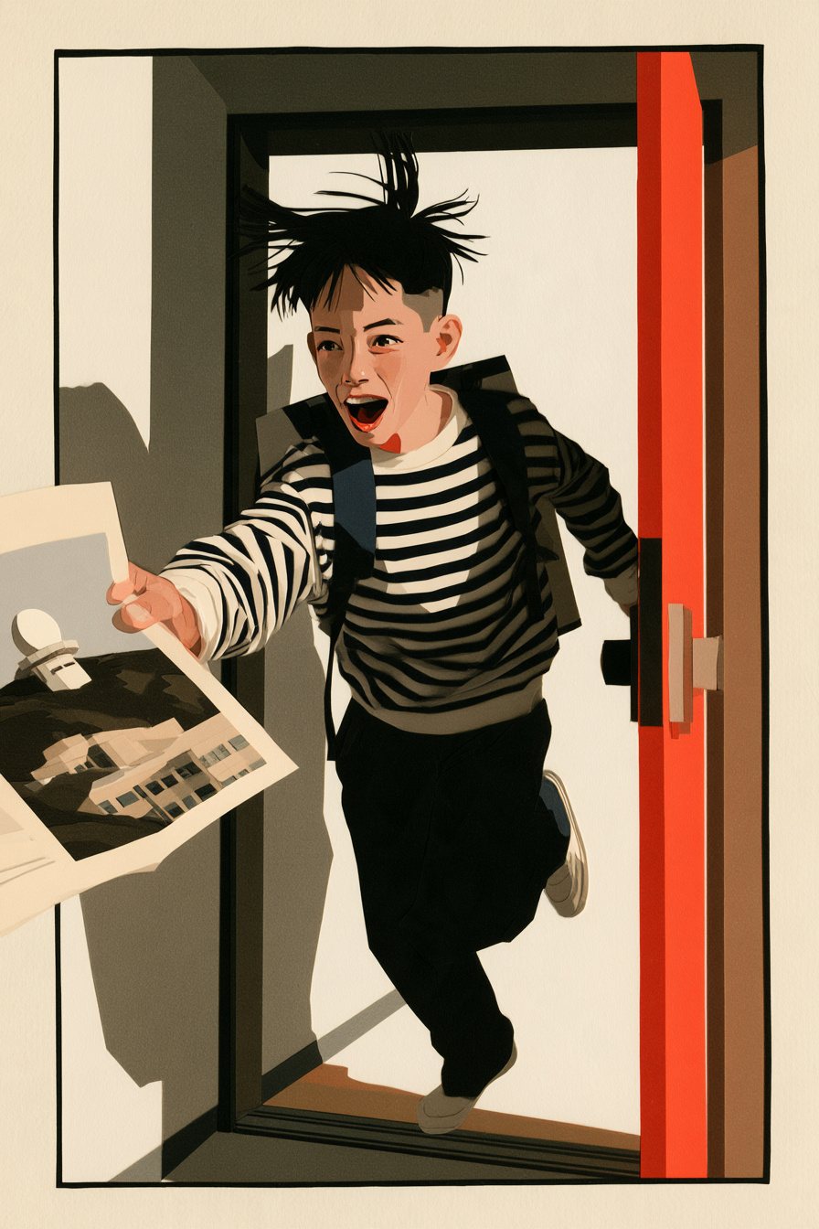 夕方の玄関。塾のかばんを背負った男の子が、息を切らして駆け込んでくる。手に、校舎と白い丸屋根の建物の写真の載ったパンフレット（字は読めない）。