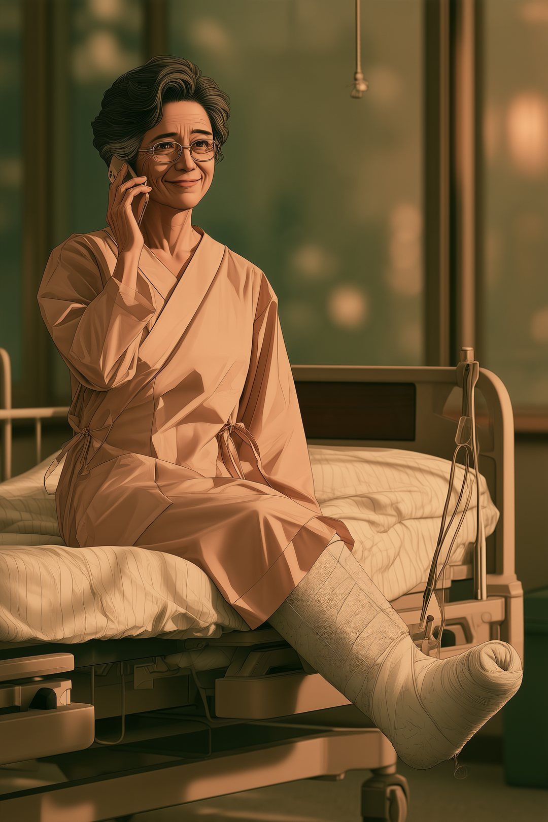 病院のベッドで、ギプスの片足を吊ったまま、スマホを耳に当てて苦笑いする中年の女性。