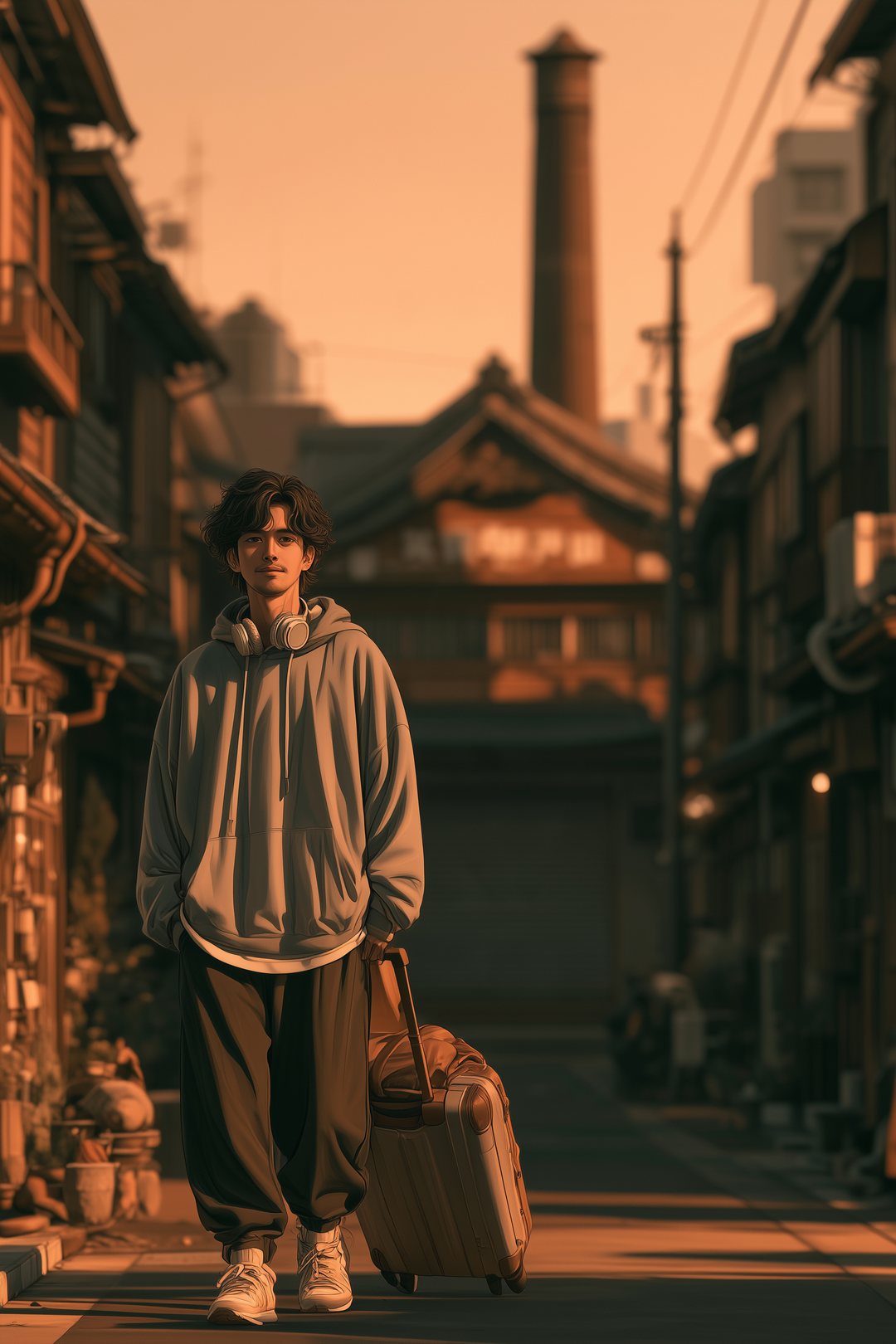 夕方の東京の下町の細い通り。古い木造の家が並び、奥に高い煙突のある閉じた銭湯。シャッターが下りている。手前にスーツケースを引く若い男性が小さく立つ。