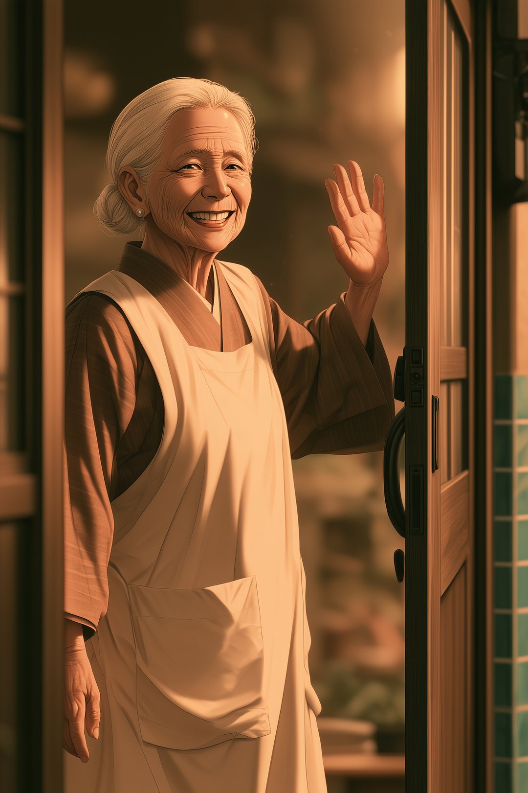 古い家の引き戸を勢いよく開けて、手を振る小柄な老婦人。白髪をきっちりまとめ、割烹着を着ている。