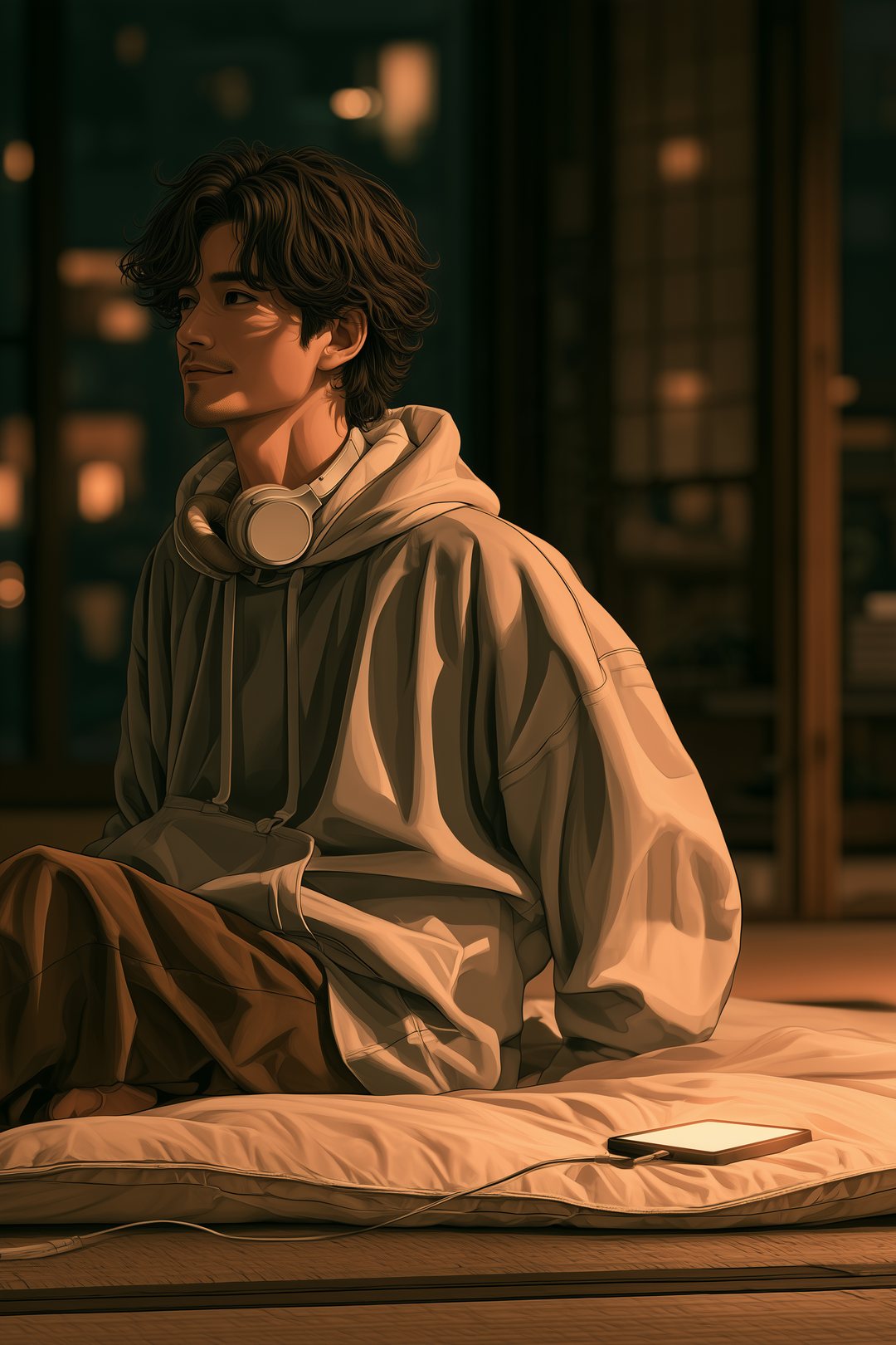 暗い和室の布団の上で半身を起こし、耳を澄ます若い男性。枕元のスマホの画面だけが光っている。
