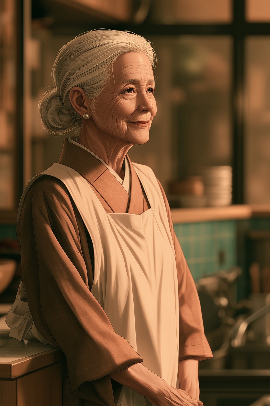 番台からこちらを振り向く老婦人の顔。やわらかな笑顔だが、孫を見ていない目。