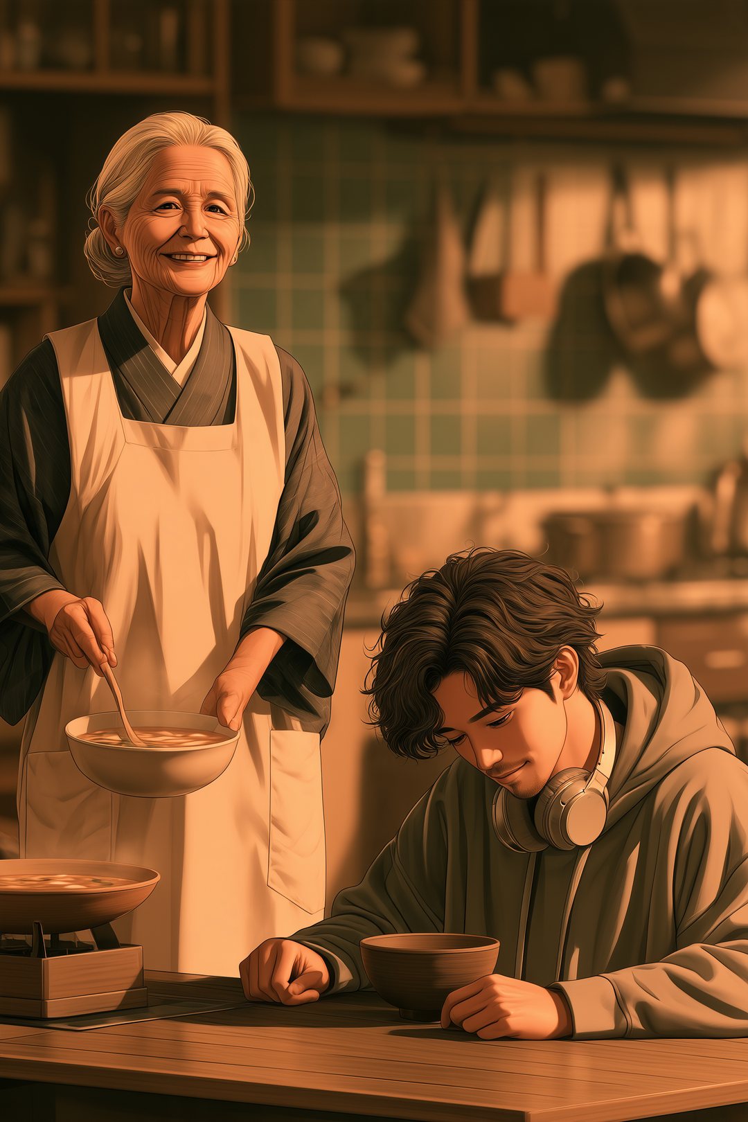 朝の台所。割烹着で機嫌よく味噌汁を作る老婦人と、卓袱台で目の下にくまを作った若い男性。