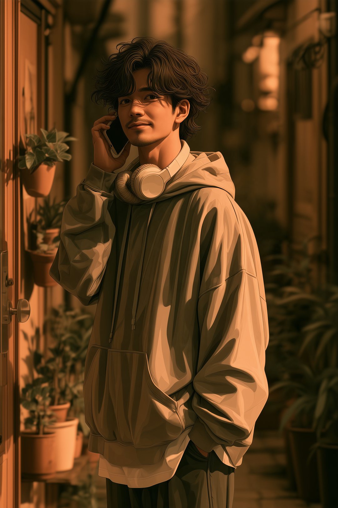 細い路地の植木鉢の前で、スマホを耳に当てて話す若い男性。うしろに家の勝手口。