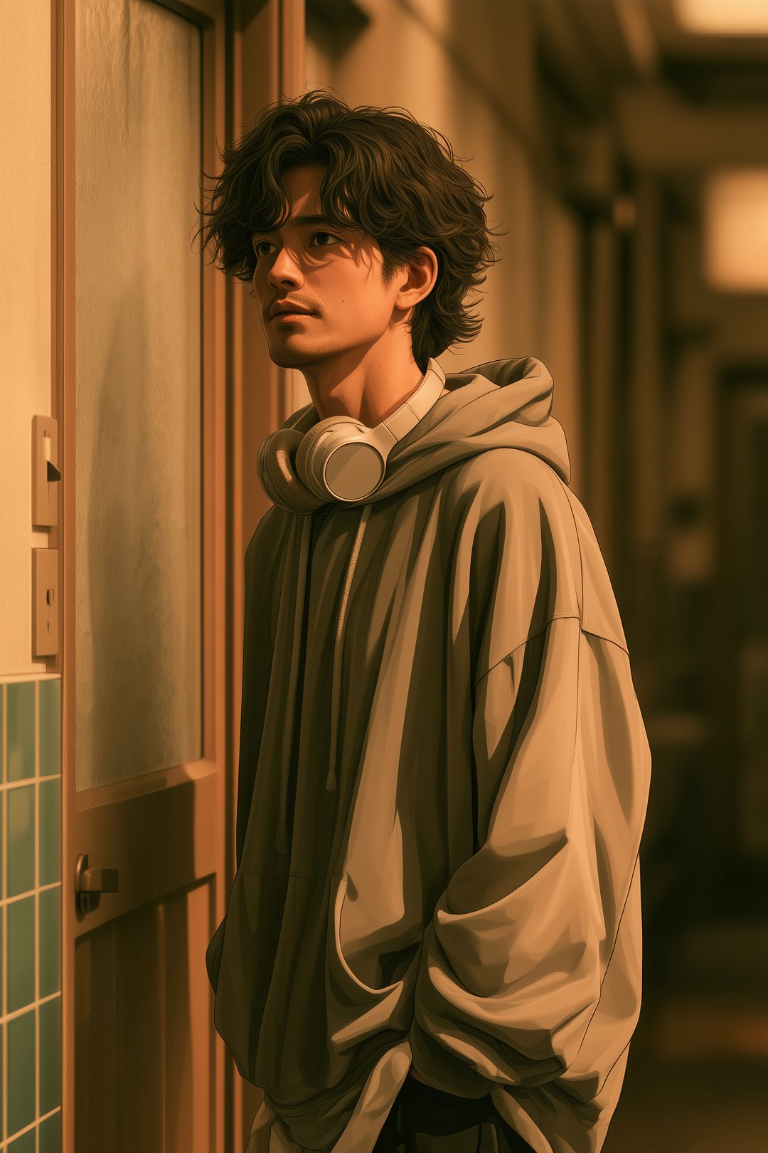 浴室の外の廊下。すりガラスの戸の前で立ち止まり、気づいて息をのむ若い男性。