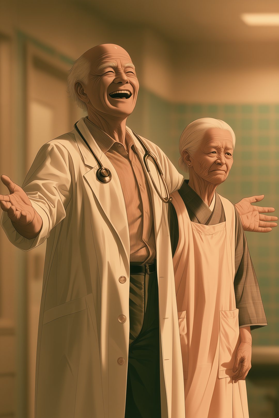 診察室。白衣で大きく笑う白髪の年配の医師と、たじろぐ老婦人。