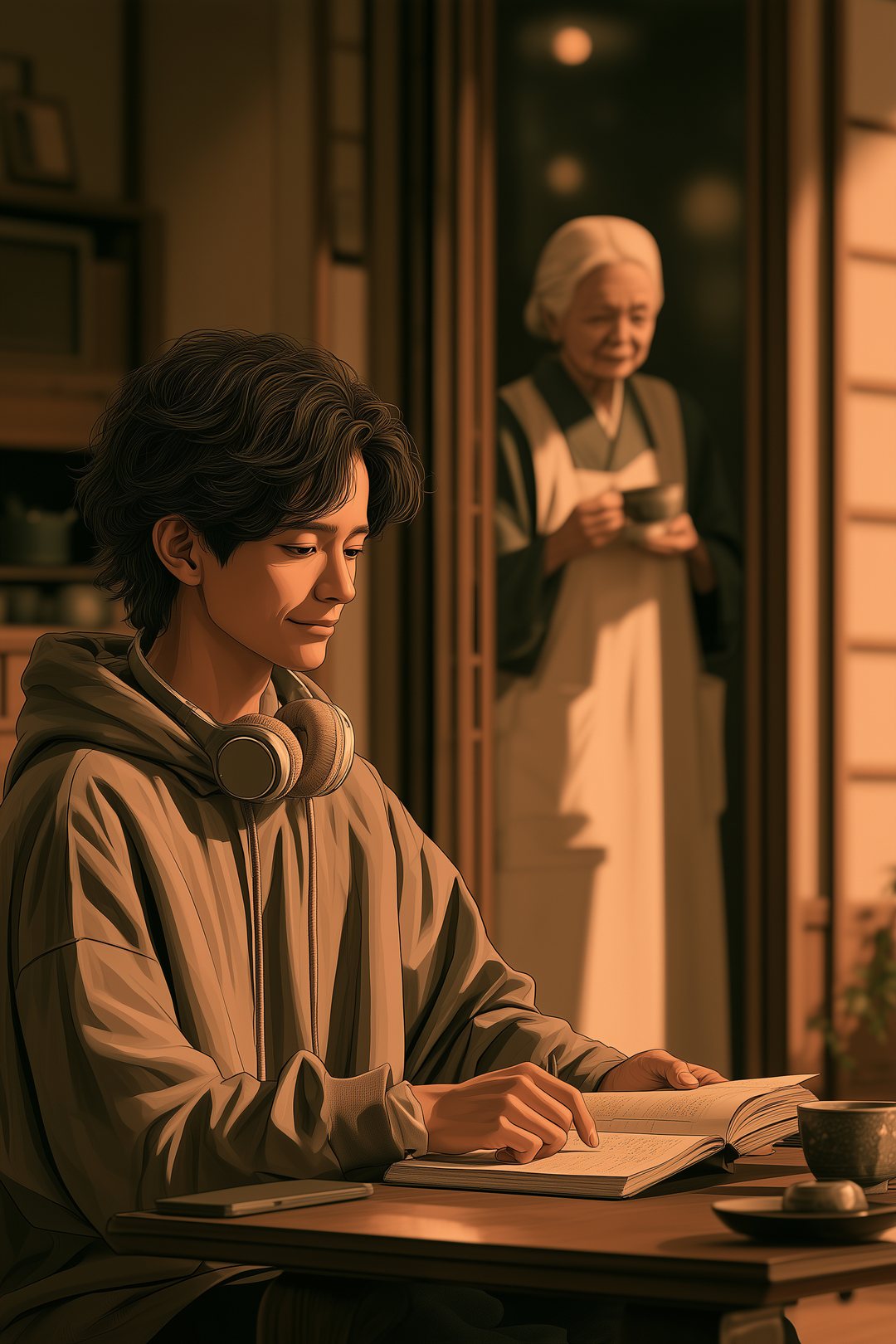 夜の茶の間。卓袱台でノートを読み返す若い男性。うしろの戸口に、湯のみを持った老婦人が立ち、ノートをのぞいている。