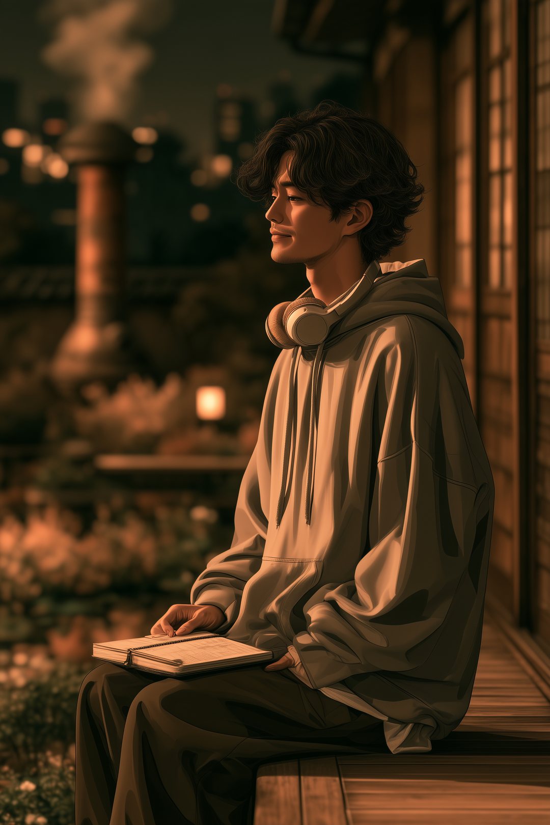 夜の縁側に一人で座る若い男性。膝の上に閉じたノート。庭の向こうに銭湯の煙突。