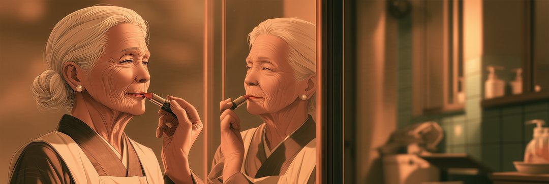 鏡に映る、赤い口紅を唇に引く老婦人の口元と手の細い帯の寄り。