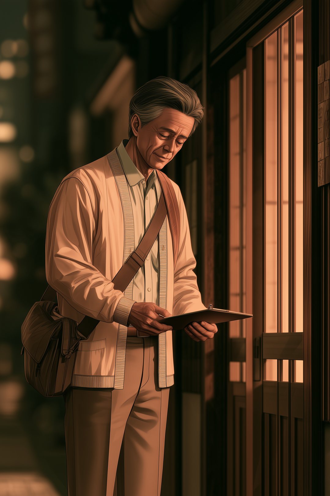 古い家の玄関。引き戸の外に、肩掛けの鞄とクリップボードを持った、白髪まじりの穏やかな年配の男性が会釈している。