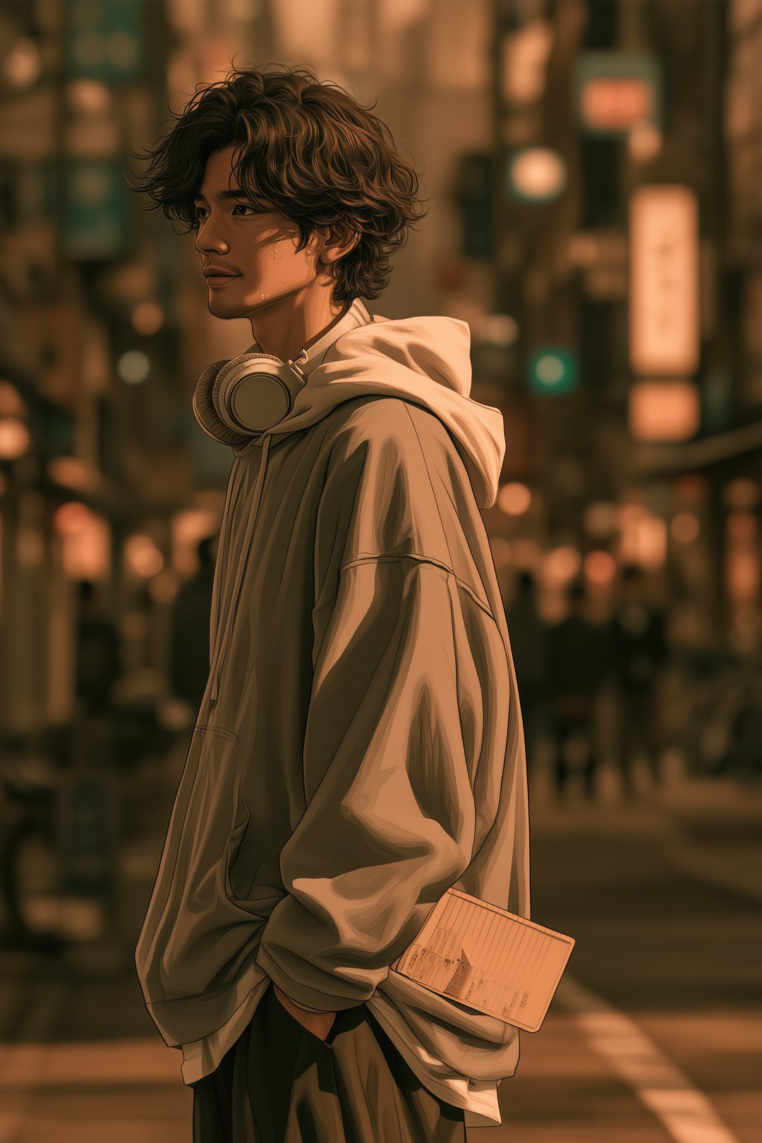 老婦人のうしろで冷や汗をかく若い男性。ズボンの後ろのポケットから大学ノートがのぞいている。