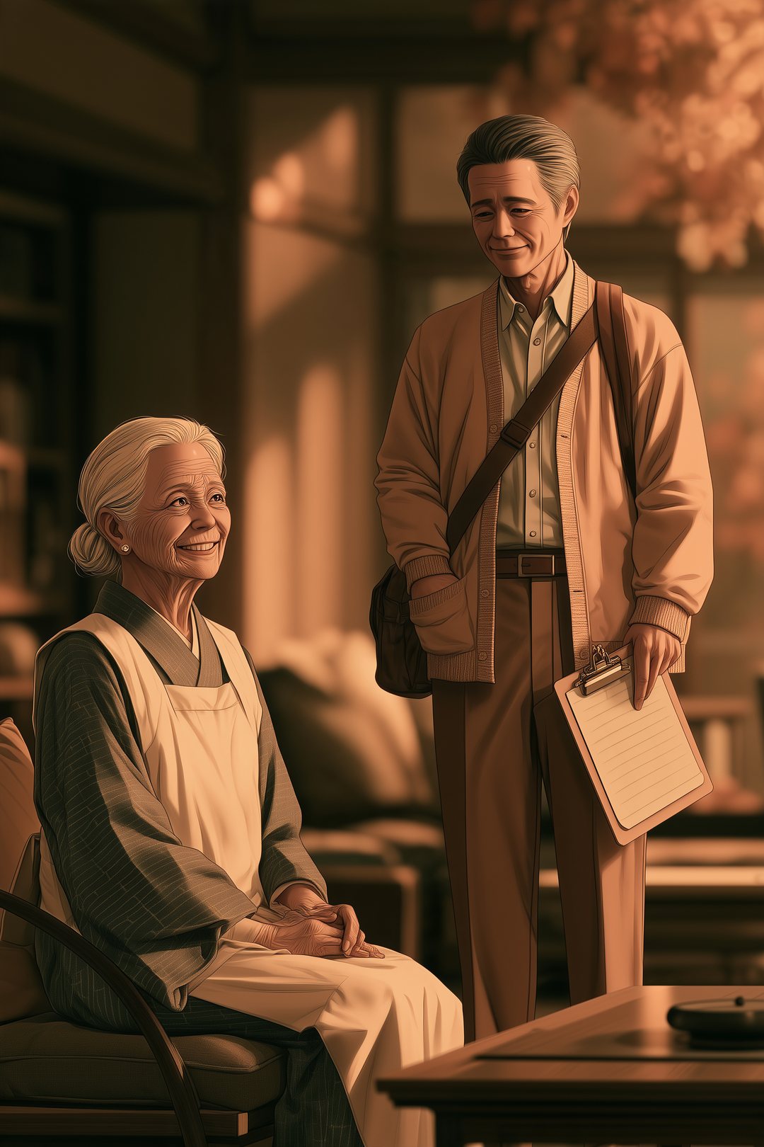 縁側から見た茶の間。調査員の男性と向かい合い、にこやかに座る着物の老婦人。秋の光。