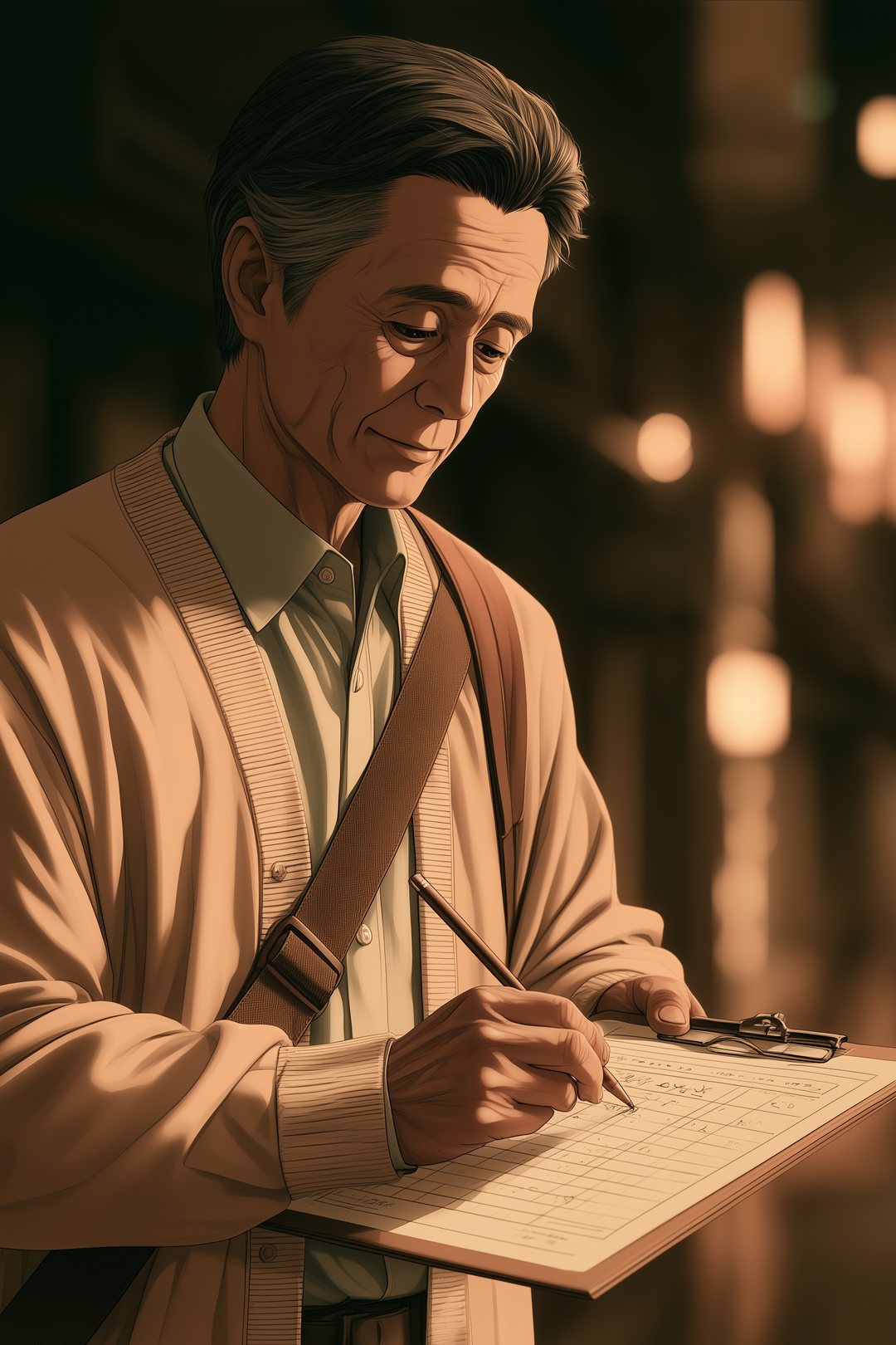 クリップボードの調査票に鉛筆で書き込む男性の手元。字は読めない線だけ。