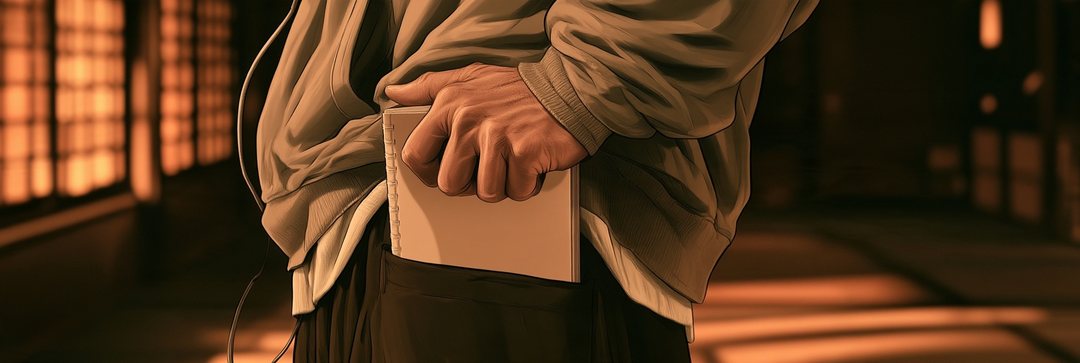 ズボンの後ろのポケットの大学ノートを、強く握る若い男性の手の細い帯の寄り。