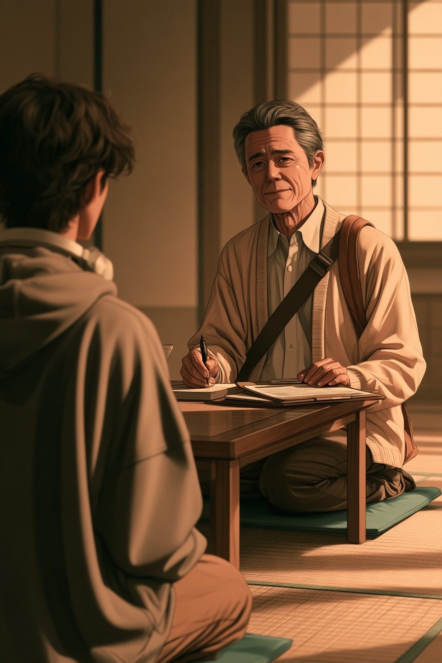 茶の間の卓袱台。座布団に座る年配の調査員が、ペンを持ったまま、手前の若い男性の方へ体を向けてやわらかく問いかける。