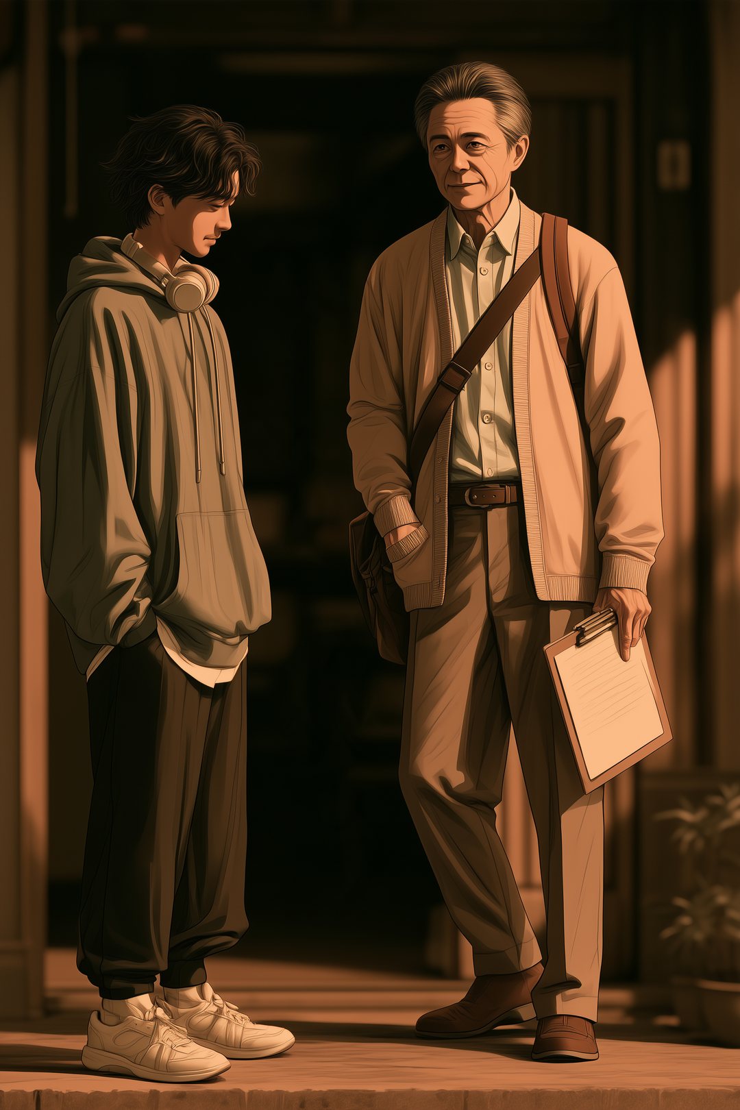 古い家の玄関の土間。靴を履く年配の調査員と、見送る若い男性。家の奥は暗い。