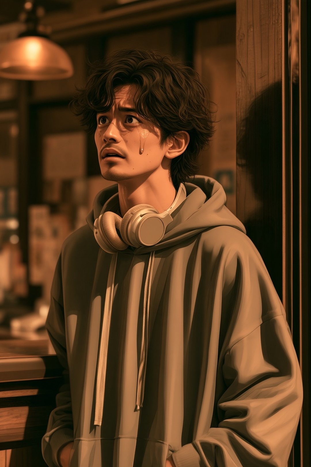 番台の下で固まる若い男性。冷や汗。