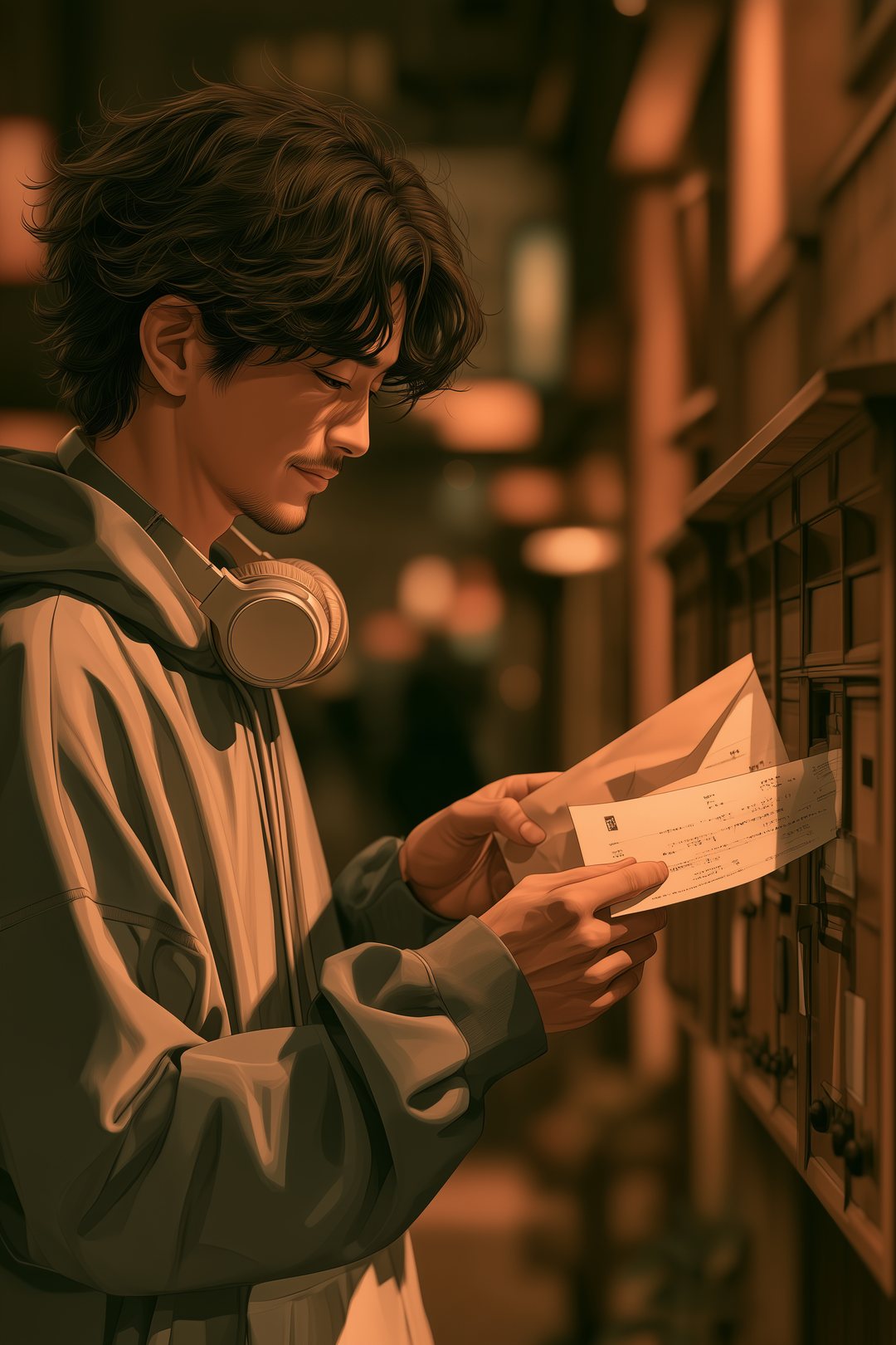 古い家の郵便受けの前で、区役所の封筒を開ける若い男性の手元。