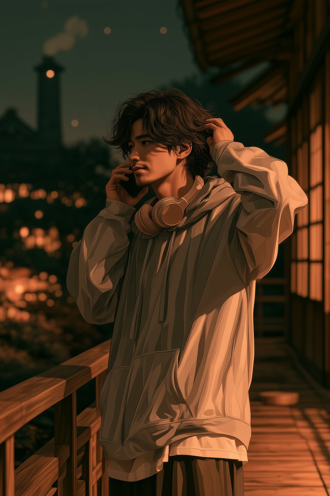 夜の縁側。スマホを耳に当て、片手で頭を抱える若い男性。庭の向こうに銭湯の煙突。