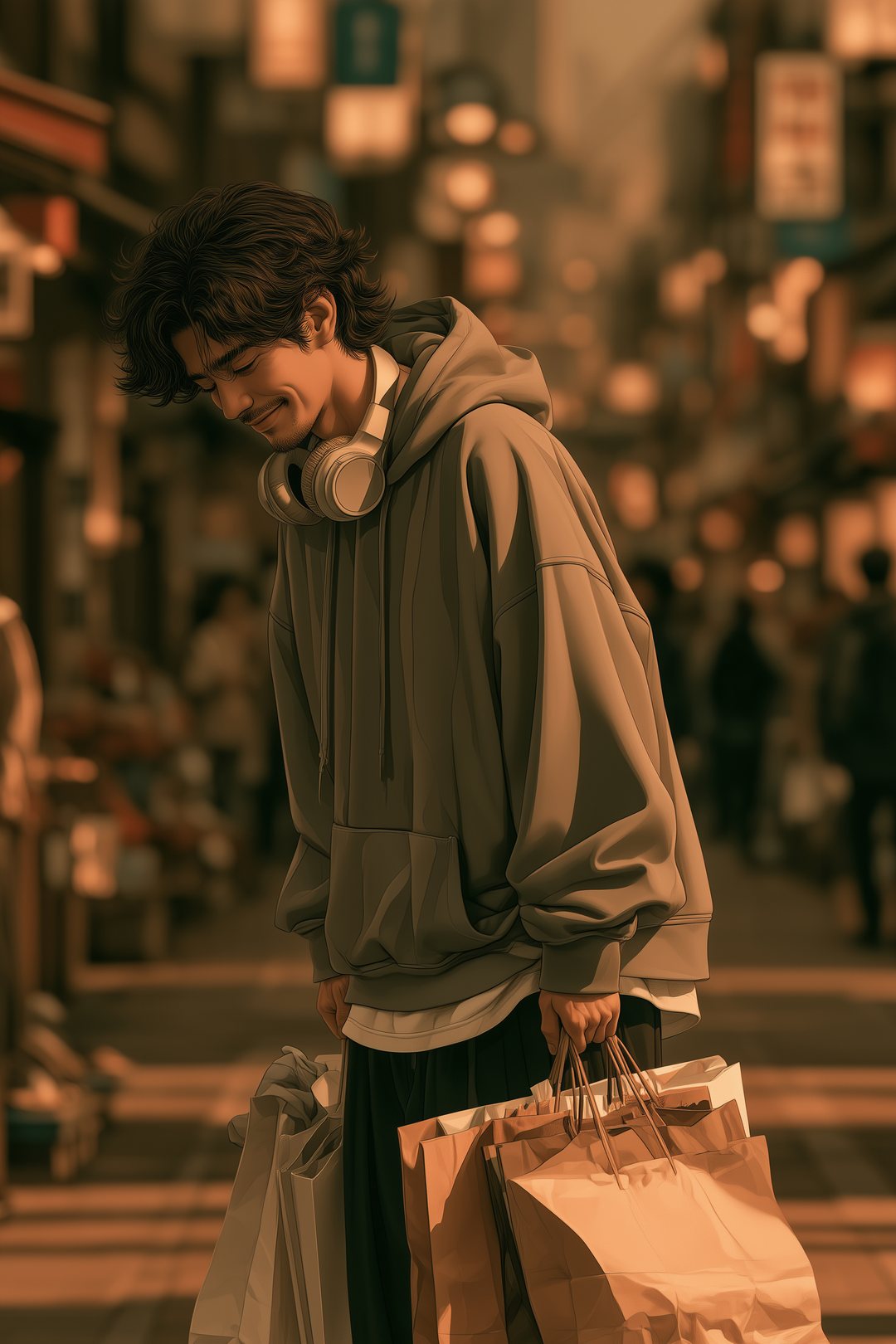 少し後ろで、買い物袋を提げて頭を下げて回る若い男性。