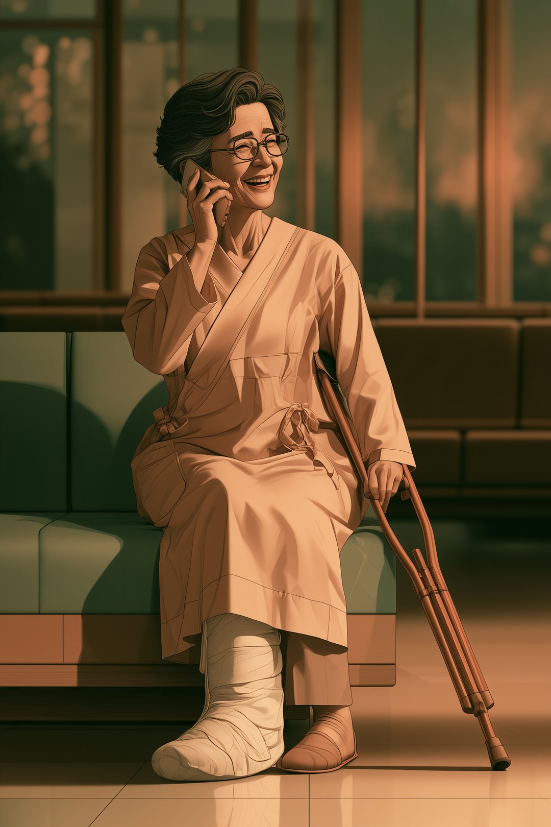 病院の談話室で、松葉づえを横に置いてスマホで話す中年の女性。笑っているが目元が少しうるんでいる。
